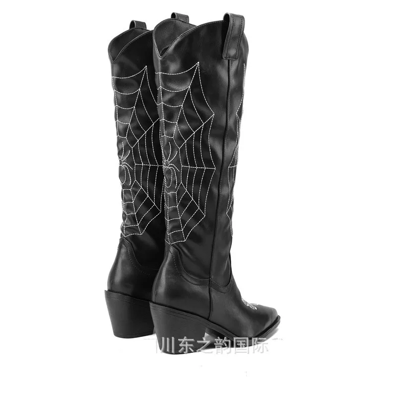 Black Embroidered Denim Knee-High Boots Chunky High Heel Pointed Toe Botines Women Plus Size Chimney Botas Femininas