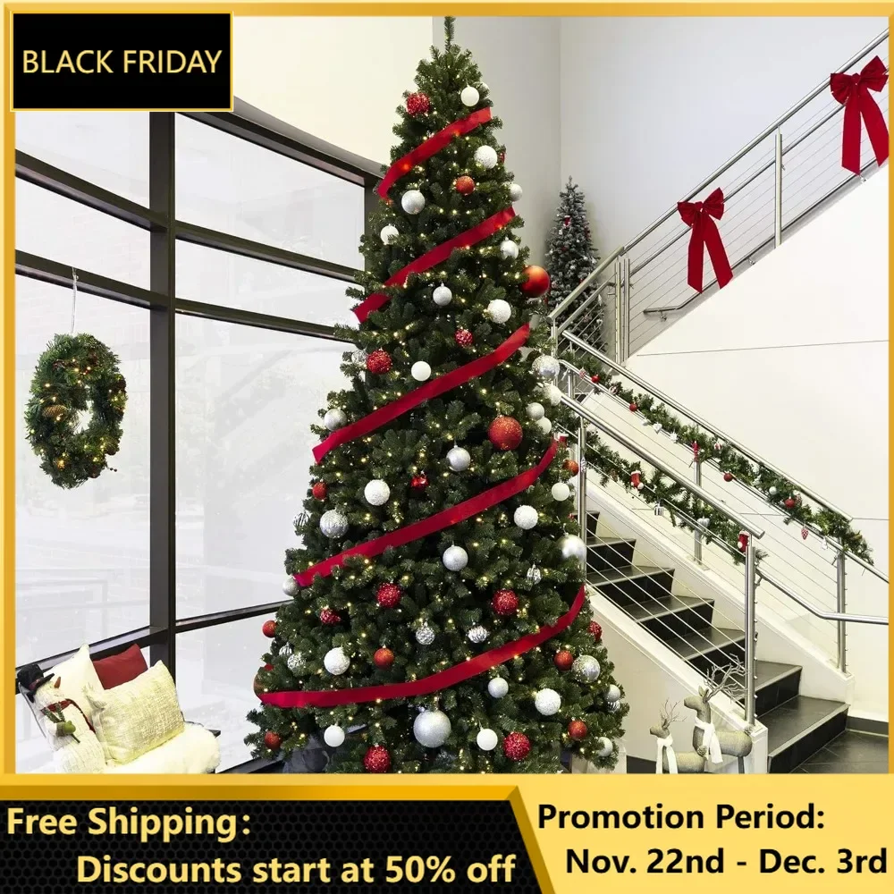 12ft Pre-Lit Instant Setup No Fluff Hinged Artificial Spruce Christmas Tree w LED Lights, 4,693 Memory Steel Tips, Metal Stand