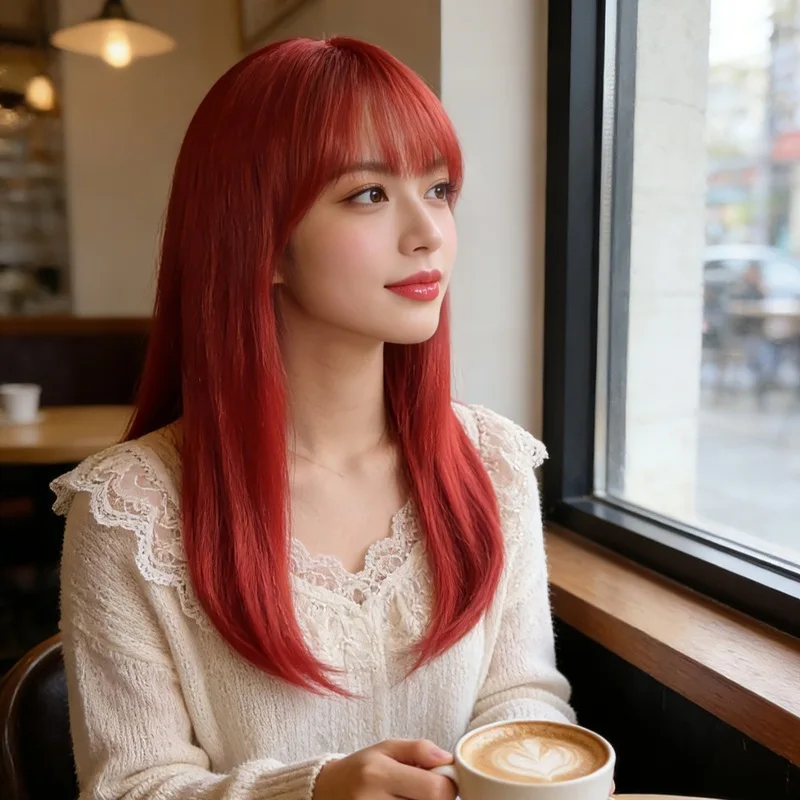 Women's medium-length straight wig with bangs, collarbone-length, stylish and face-flattering synthetic wig