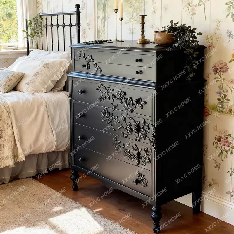 Vintage six-chest cabinet, living room locker, relief drawer cabinet, retro carved storage cabinet