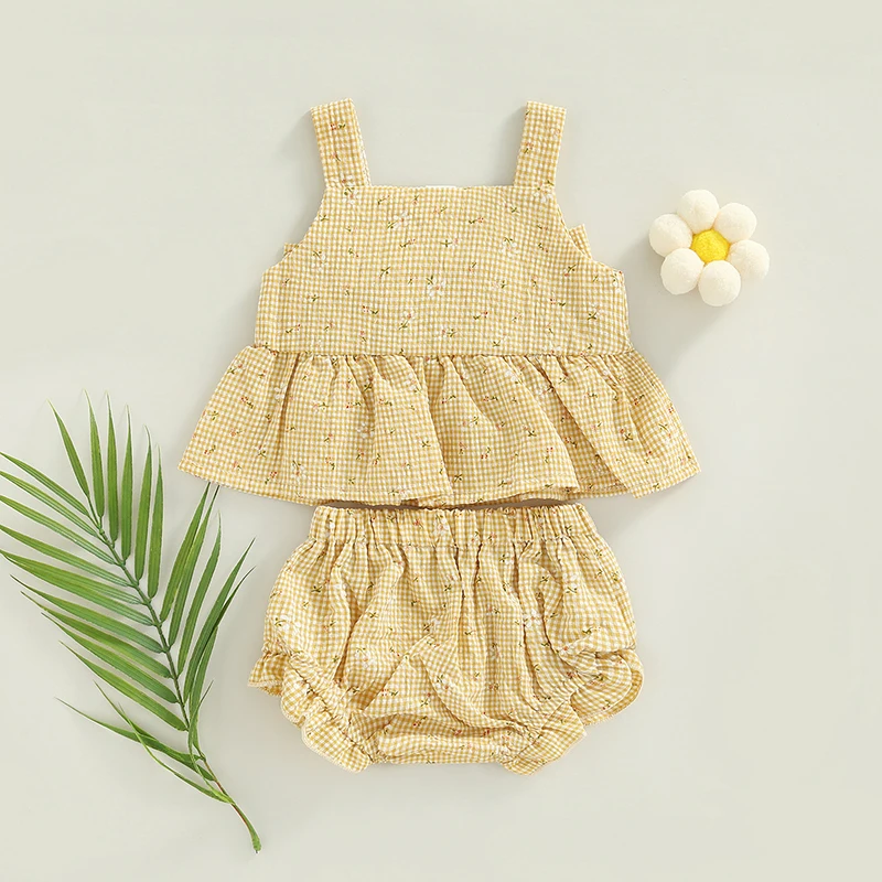 Lioraitiin Summer Infant Baby Girl Outfits Suit Plaid Pattern Floral Printed Bowknot Suspender Tops Shorts Clothes Set