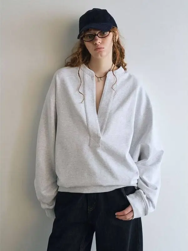 เสื้อสเวตเตอร์คอวีทรงหลวม รุ่น Modern Simple V-Ne รุ่น Hello September V9088 แขนยาว ผ้าคอตตอนผสม สี