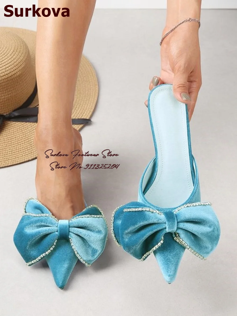 

Surkova Turquoise Pink Velvet Butterfly-knot Slippers Women Pointed Toe Big Bowtie Slip-on Sandals Sweet Dress Shoes