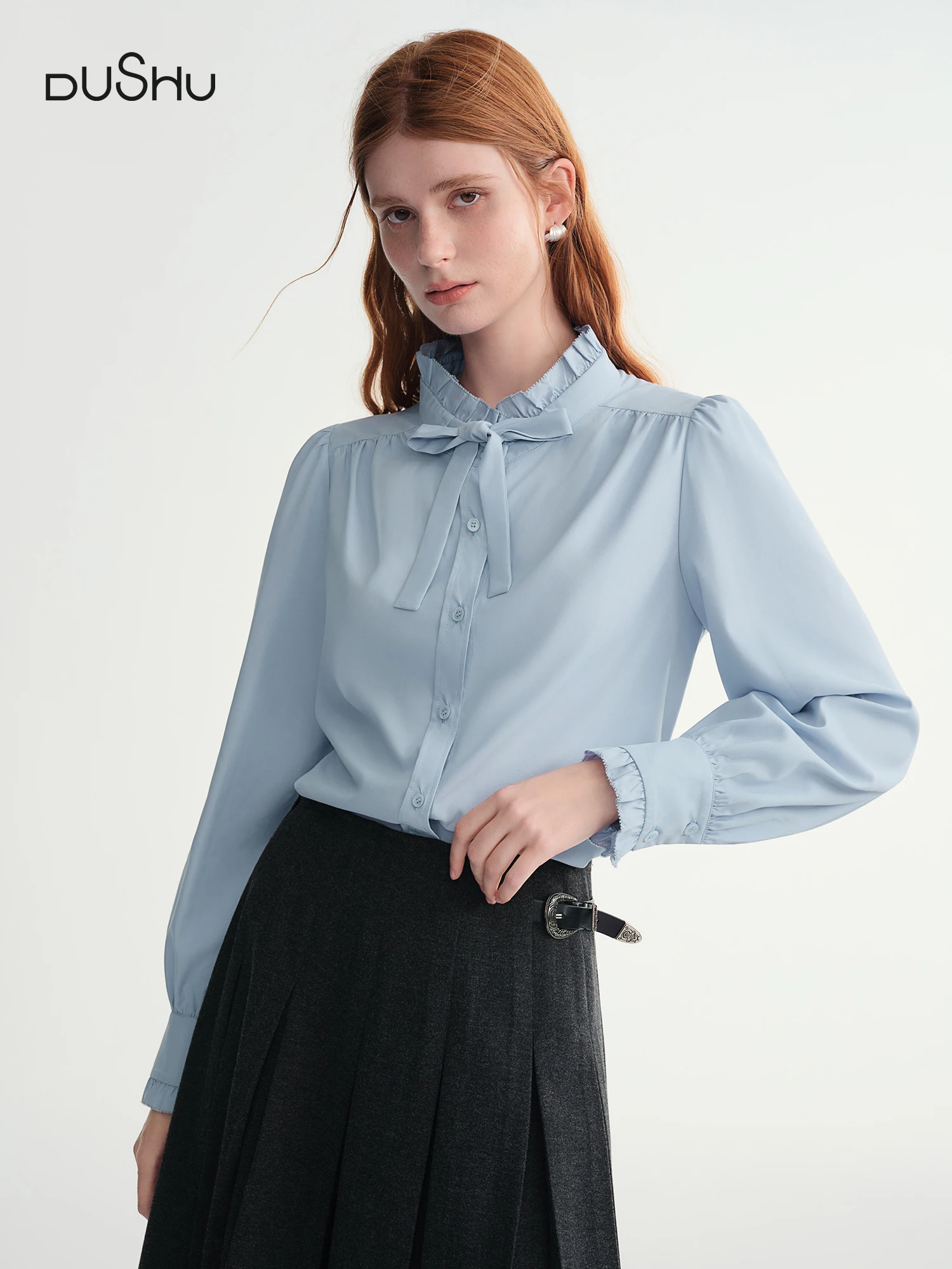 

DUSHU Autumn New Women's Puff Sleeve Blouse 2025 Autumn Winter New Ruffle Collar Tie-Front Shirt Elegant Casual Office Wear Tops