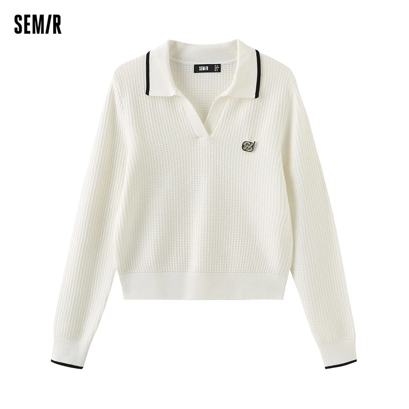 Semir 2024 Sweater Women Short Textured Top For Small Figures Versatile Gentle Spring Contrasting Color Collar Pullover Polo