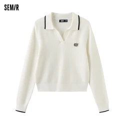 Semir 2024 Sweater Women Short Textured Top For Small Figures Versatile Gentle Spring Contrasting Color Collar Pullover Polo