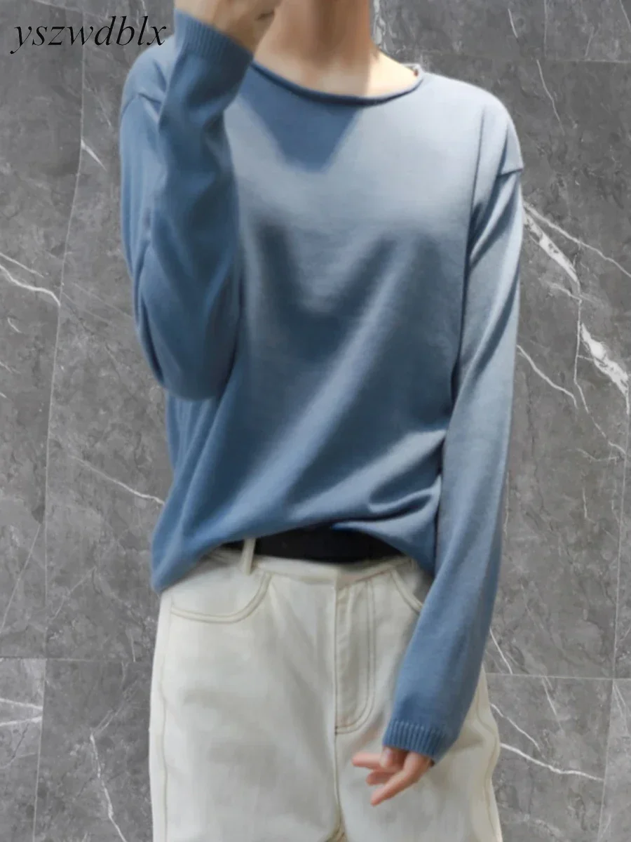 YSZWDBLX Damenpullover, einfarbig, rosa, schwarz, Strickpullover, O-Ausschnitt, Hemden, schmale Passform, Frühling und Herbst, koreanischer Pullover