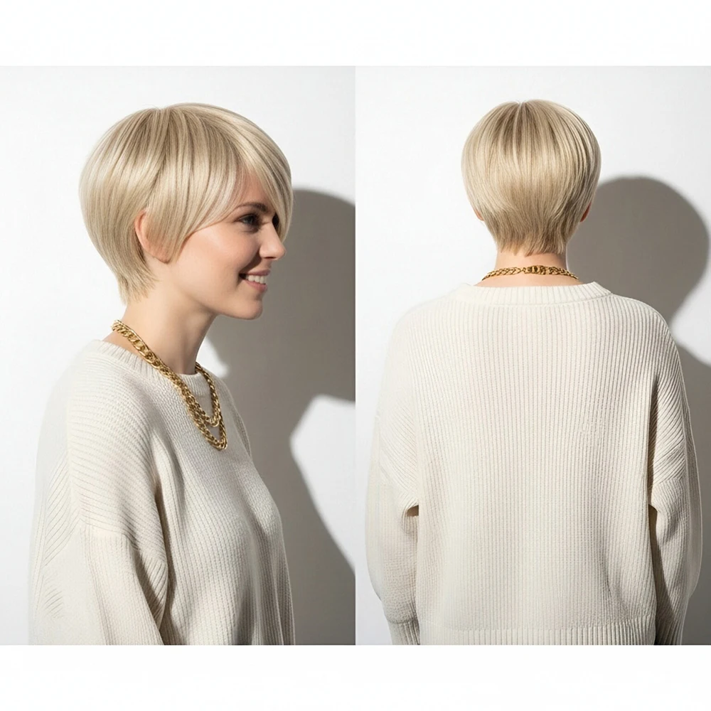 Wig Bob Pendek Rambut Asli 613 Pirang Lurus dengan Poni Pre Plucked Wig Pixie Cut Berlayer Topi Buatan Mesin Penuh untuk Wanita