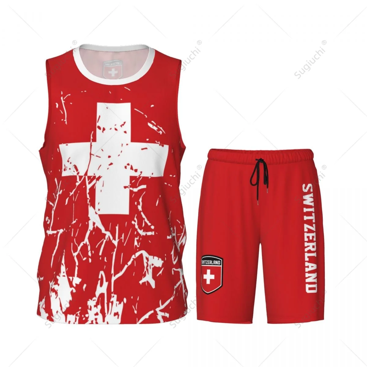 Team-Up Zwitserland Vlag Graan Heren Basketbal Jersey Set Shirt & Broek Mouwloos Aangepaste Naam Nunber Exclusief