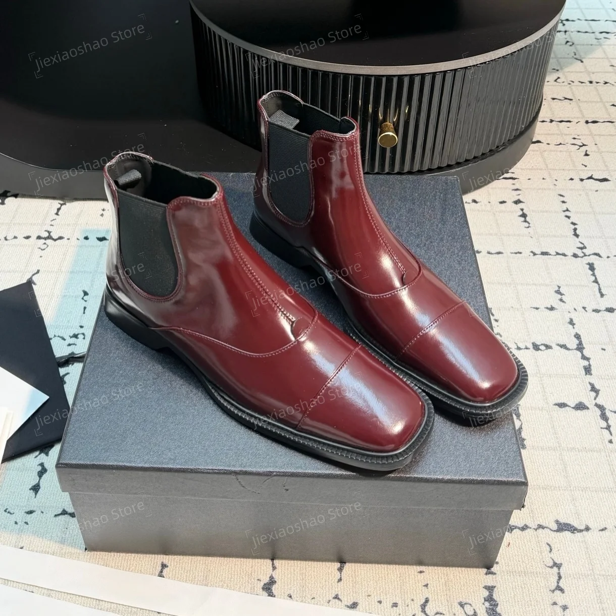 Newest Arrival British Style Genuine Leather Square-Toe Flat Heel Elastic Ankle Boots Woman Chelsea Boots Hiver Sapato Feminino