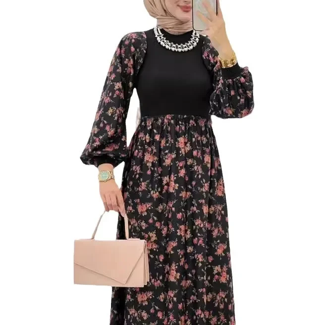 Eid Muslim Arabic Long Robe Women Dresses Flower Print Jalabiya Dubai Abayas Islam Modest Vestidos Ramadan Morocco Kaftan