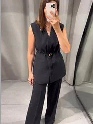 Autumn Two Piece Women Vest Pant Suit 2024 Office Ladies Sleeveless V-neck Coat Top With Belt Side Zipper Straight Trousers