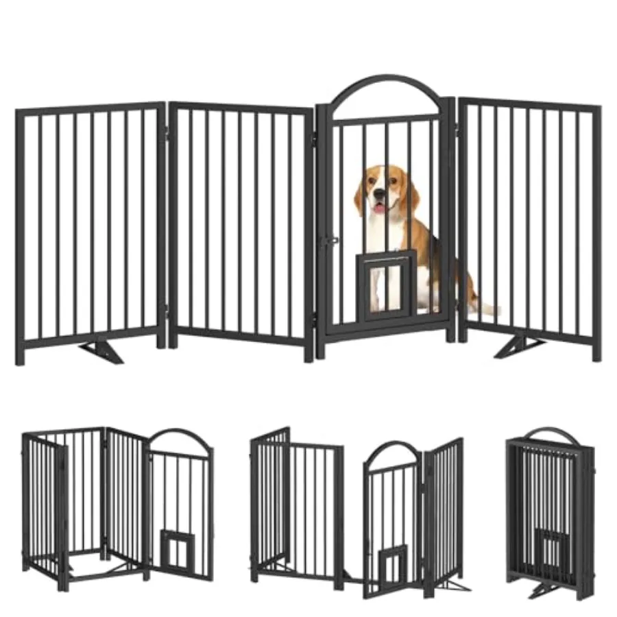 

4 Panel Freestanding Dog Gate with Door for Doorways Stairs Kitchen Living Room Halls Black Full Metal Foldable Pet Fence with