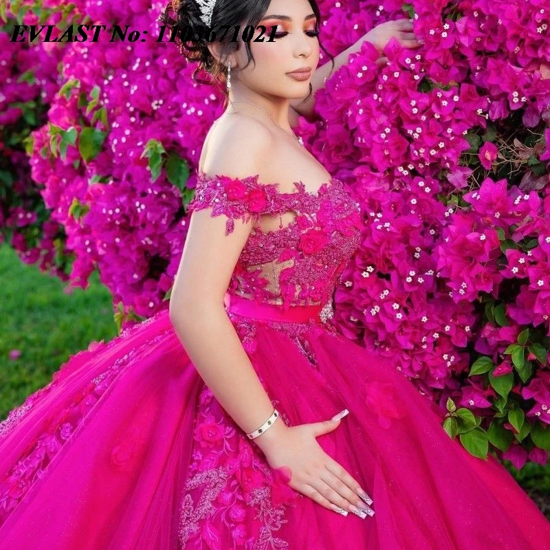 EVLAST-vestido De quinceañera rosa brillante, vestido De baile, apliques De flores 3D, corsé mexicano con cuentas, dulce 16, 15 años, SQ29