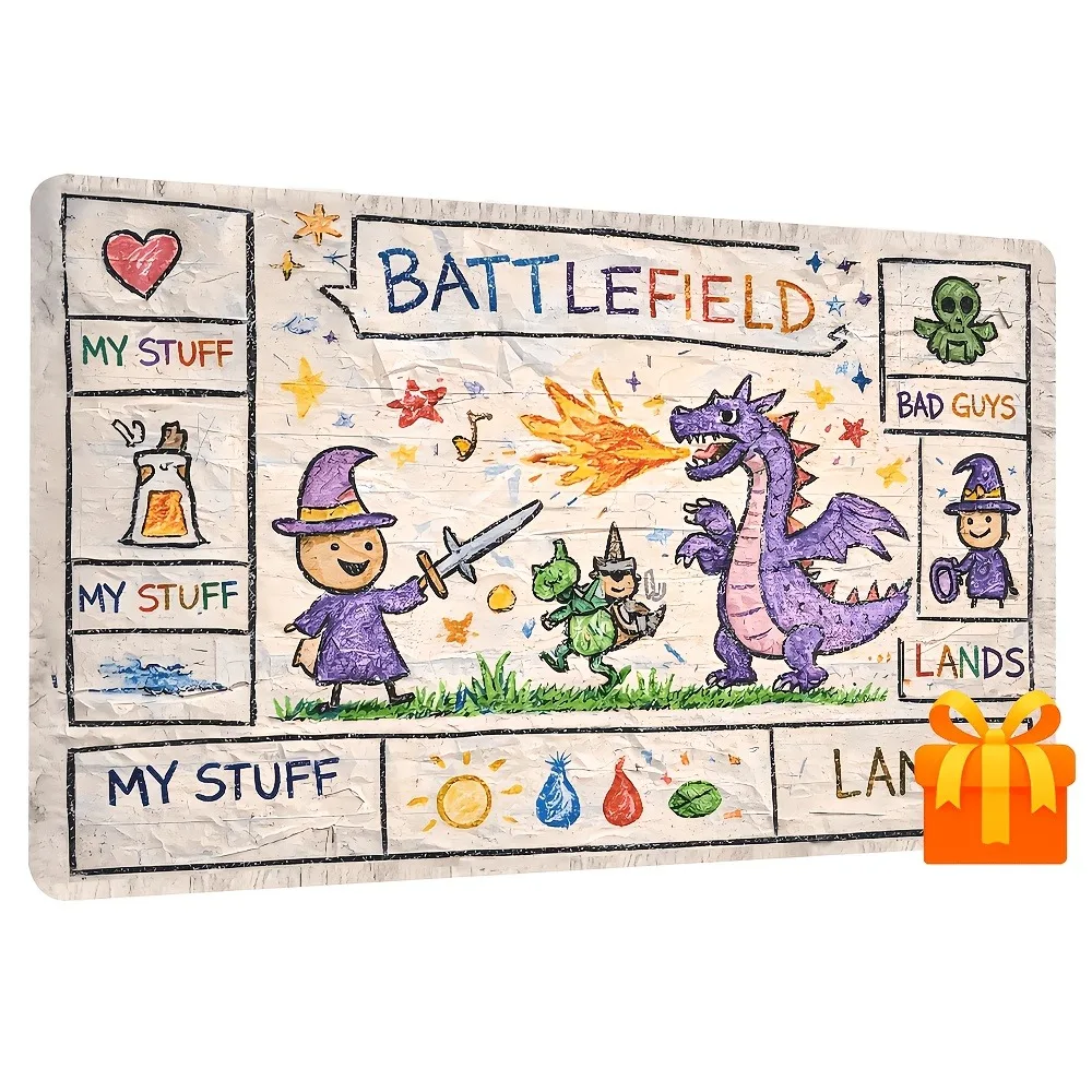 Doodle Cartoon Dragon Knight Wizard Zoned Playmat Full Game Non Slip Rubber Stitched Edge Magic Gathering Card Game Desk Mat