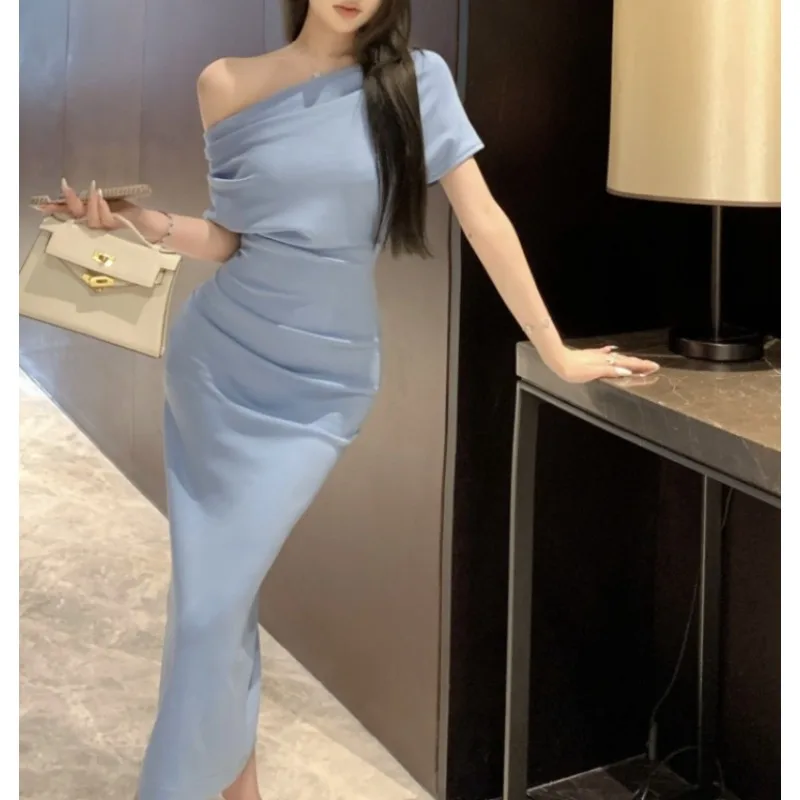 

Korean Solid Color Casual Short-sleeved Dress Women 2024 Summer New Oblique Collar Strapless Pleated Sexy Slim Mid-length Dress