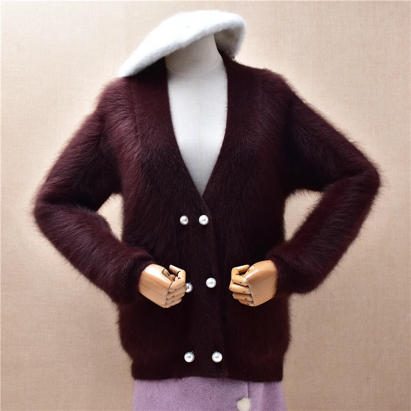 

Ladies Women Autumn Winter Thick Warm Hairy Mink Cashmere Knitted V-Neck Long Sleeves Loose Cardigans Angora Sweater Jacket Coat
