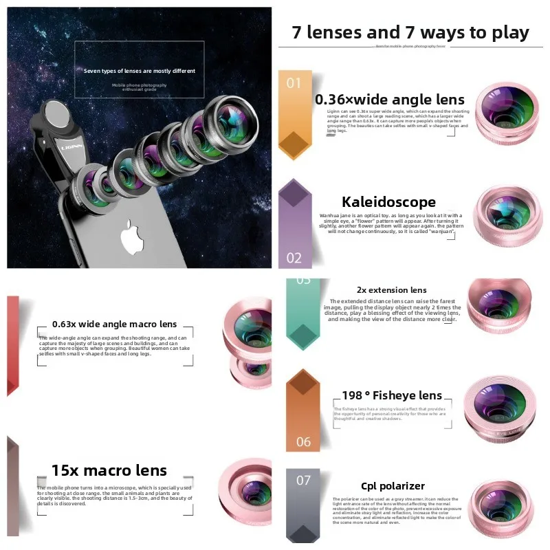 2025 الخريف الشتاء جديد عدسة الهاتف المحمول 7 في 1 مجموعة 0.36x واسعة الزاوية عين السمكة ماكرو المسافة زيادة CPL عدسة خارجية عالمية