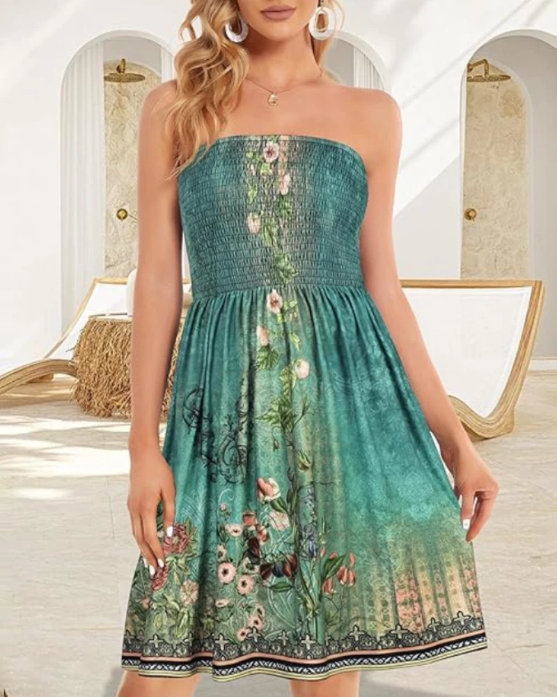 Women's Dress Floral Print Bandeau Sleeveless Ruched Boho Dress Casual Smocked A Line Mini Dress Shipped Within 48 Hours