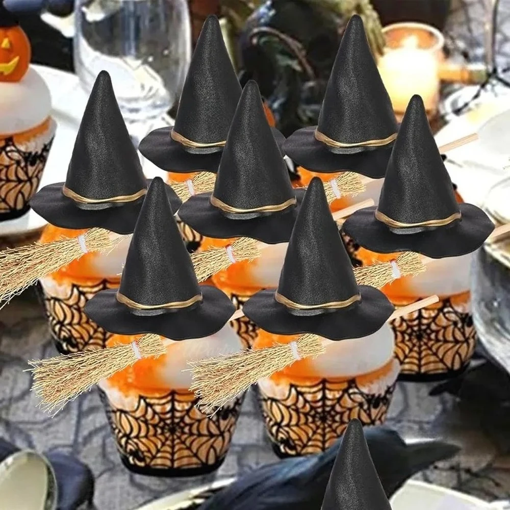 10/12/24 Stück Halloween-Hexenhut-Cupcake-Topper aus Kunstharz, Hexenhüte, Besen-Kuchendekoration, Zauberer-Geburtstagsdekoration, Happy Halloween Kuchendekoration – Detail 3