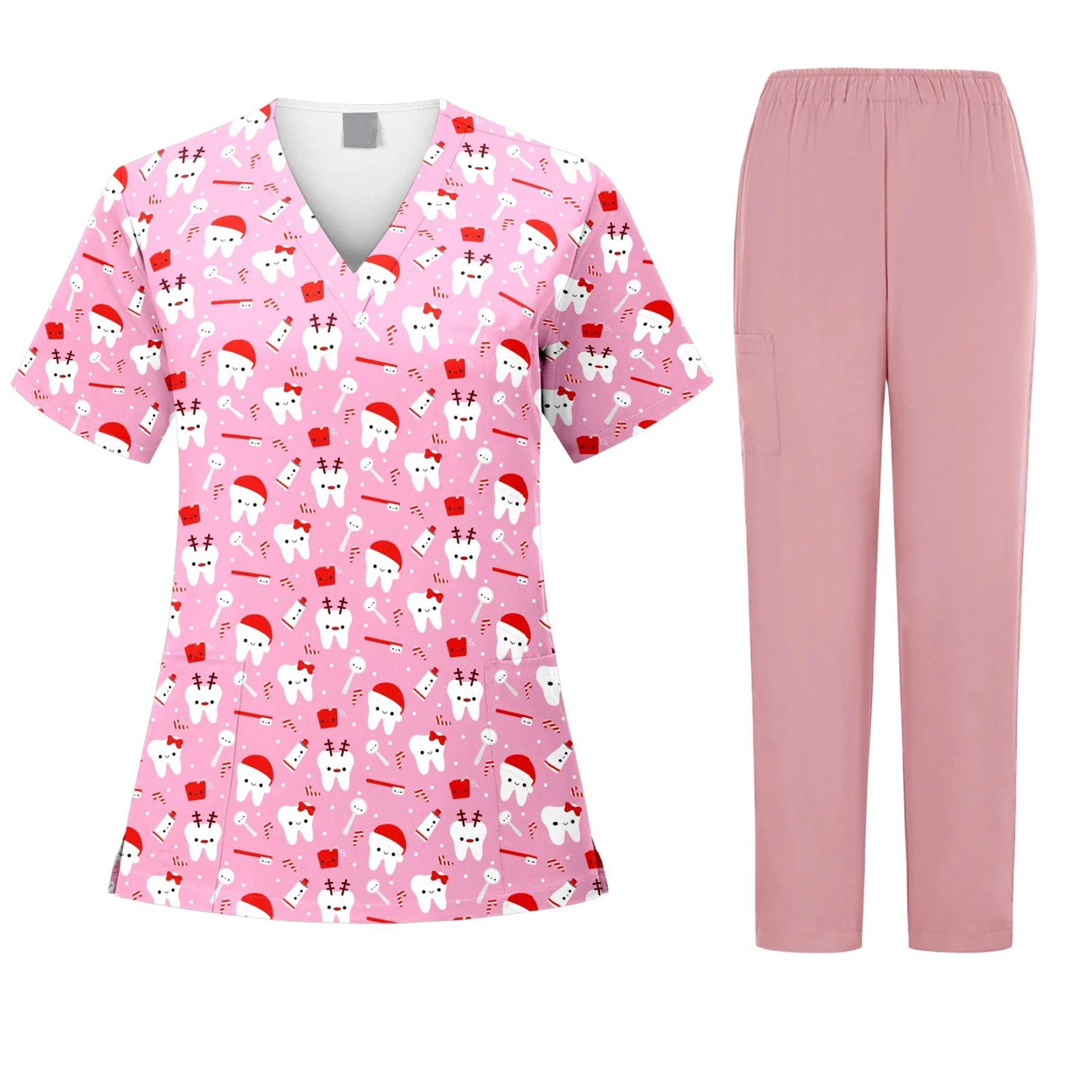 

Christmas Print Scrub Top Women Men Dentist Working Uniforms Nurse Scrub T-shirt Uniformes Medicos Mujer Tooth Hospital Workwear