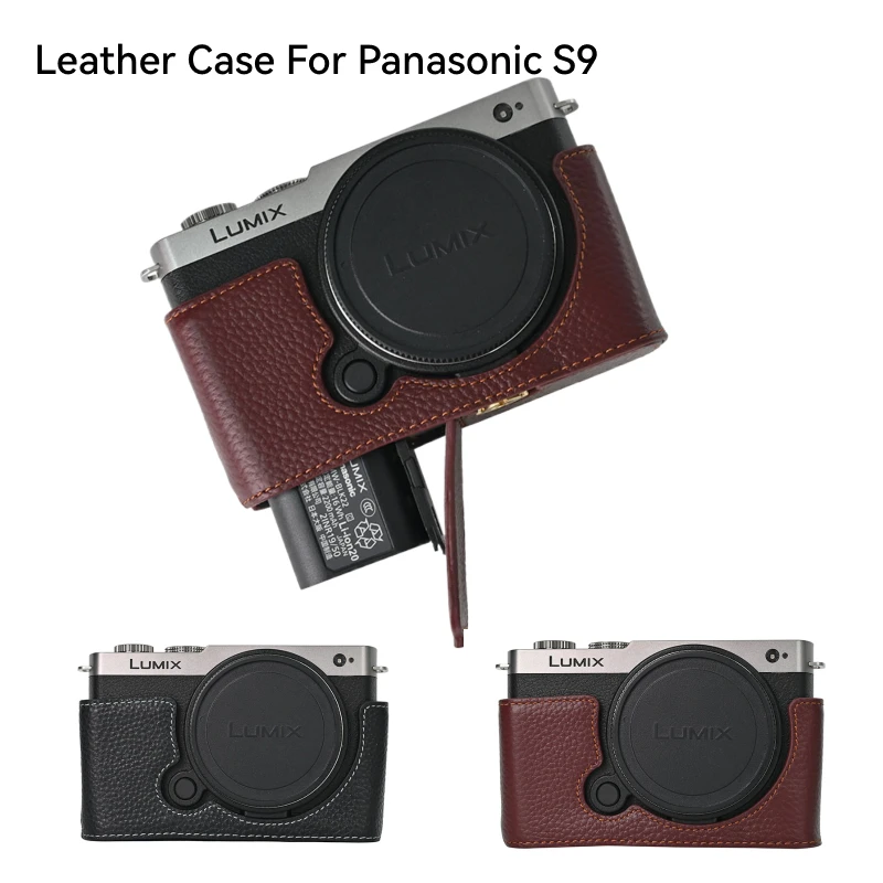 S9 Litchi Pattern Camera Genuine Leather Half Body Case For Panasonic Lumix S9 Battery Opening Magnetic Bottom Cover