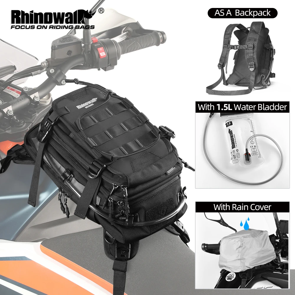 Rhinowalk Motorrad-Tanktasche, 9 l Motorrad-Rucksack mit Regenschutz und 1,5 l Wasserblase, Motorzubehör, mehrschichtiges Design