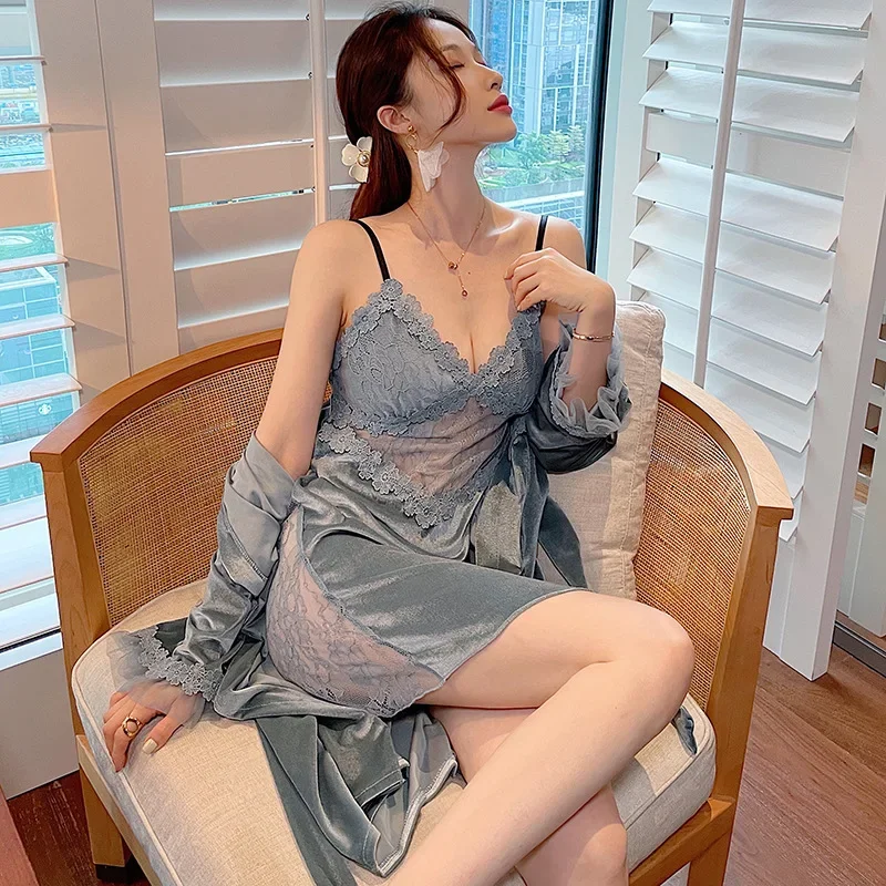 

Sexy Velvet Pajamas for Women - Winter & Autumn Long Sleeve Robe and Lace Strap Nightgown - Comfortable Two-Piece Sleepwear