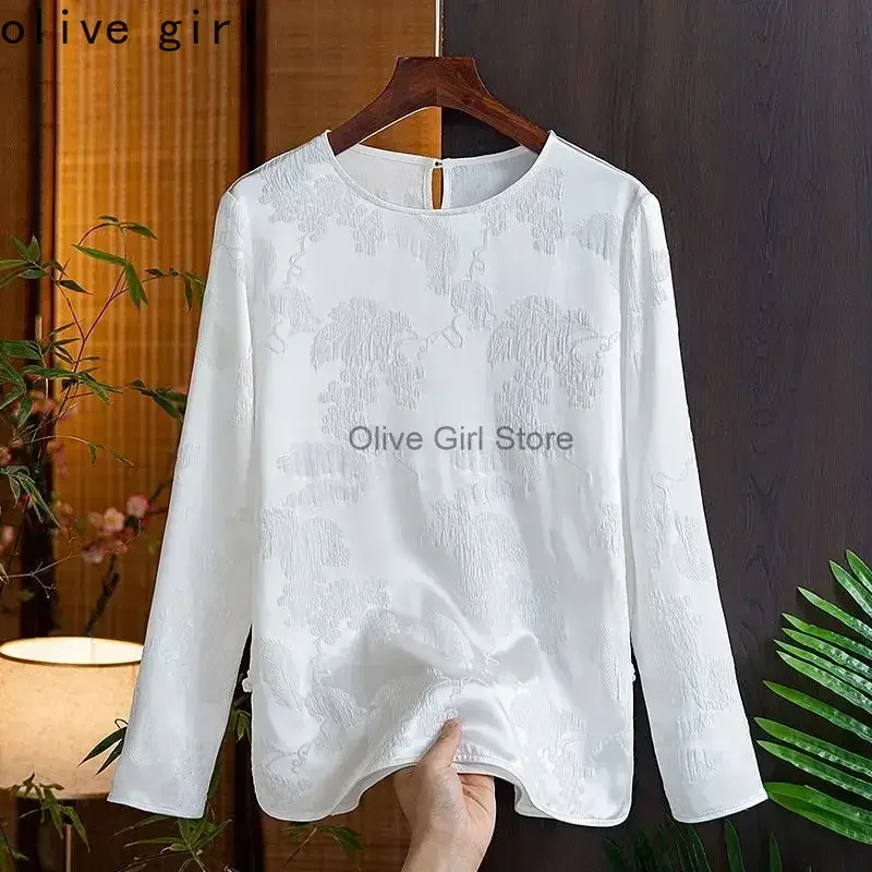 Embroidered Shirt Cheongsam Top Traditional Chinese Retro Black Blouse Spring Autumn High-end Women's Clothing Loose Long Sleeve