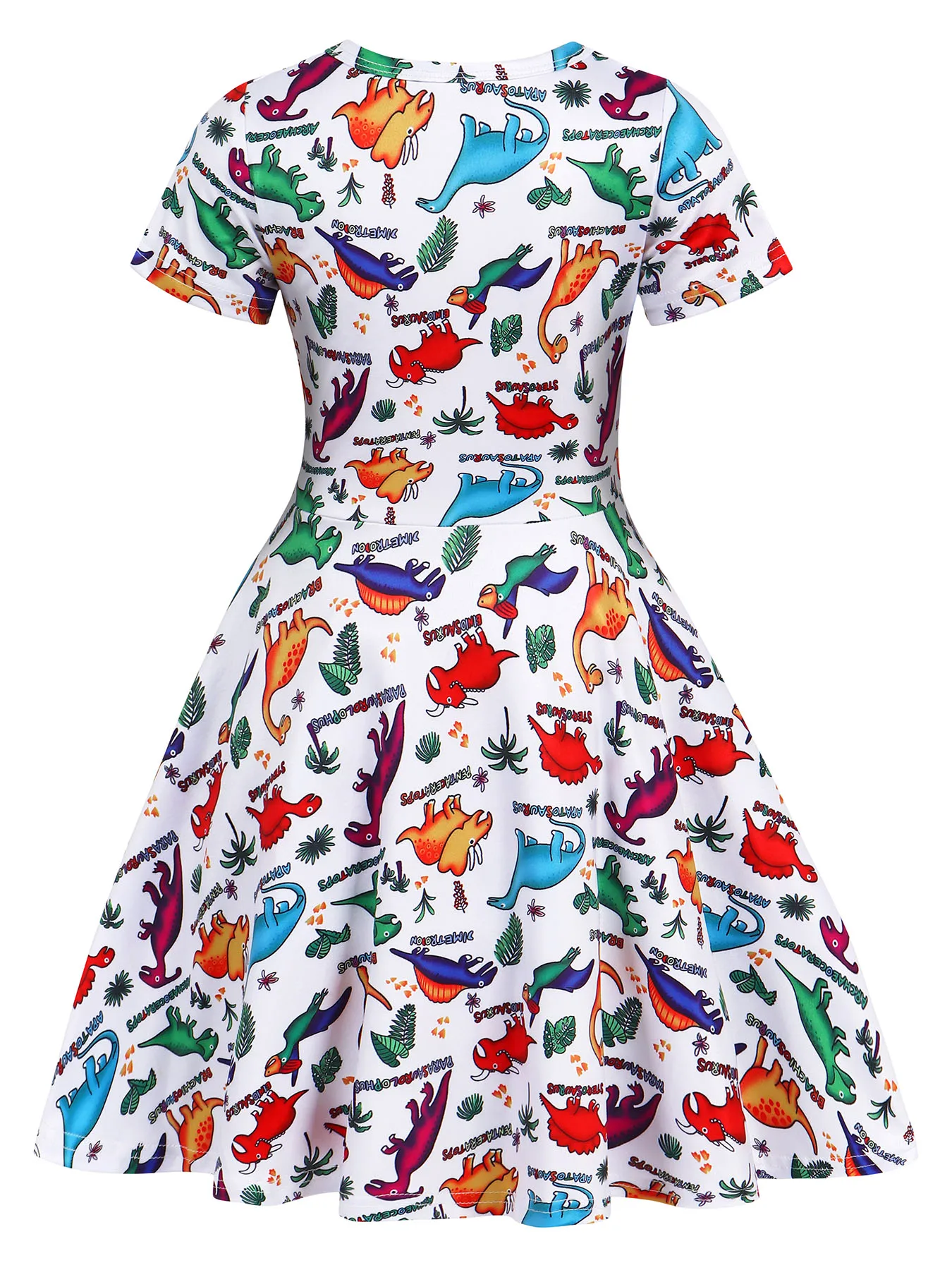 Girls Summer Printed Casual  Dress Short Sleeved Aline Dress Dinosaur Printed Tropical Clothing