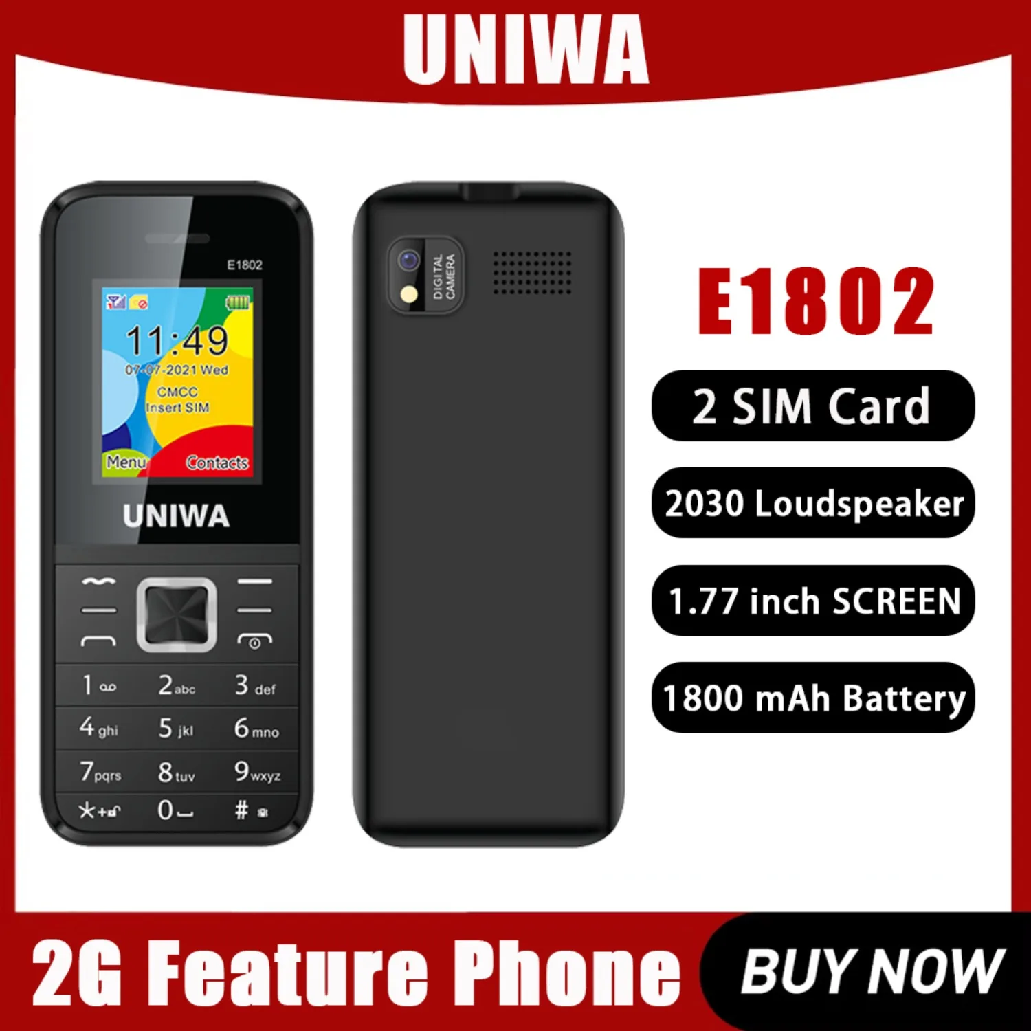 UNIWA E1802 GSM Feature Phone 1.77inch Senior Elder Phone Long Standby 1800mAh Loud Sound FM Radio Dual SIM Unlocked Cellphone