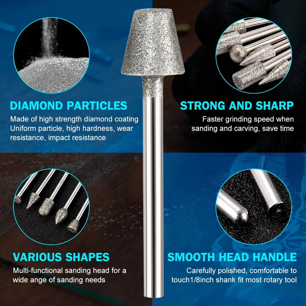 CMCP 50pcs Diamond Grinding Burs Polishing Grinding Head for Dremel Rotary Tool For Jewelry Glass 3.175mm Shank Grinding Burrs