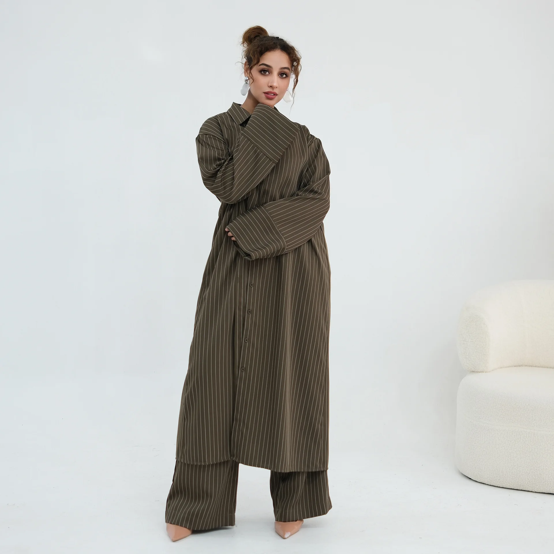 Muslim Striped Suit Women Long Shirt Top Wide Leg Pants 2 Piece Set Dubai Islam Ramadan Casual Trousers Ensemble Eid Outfits