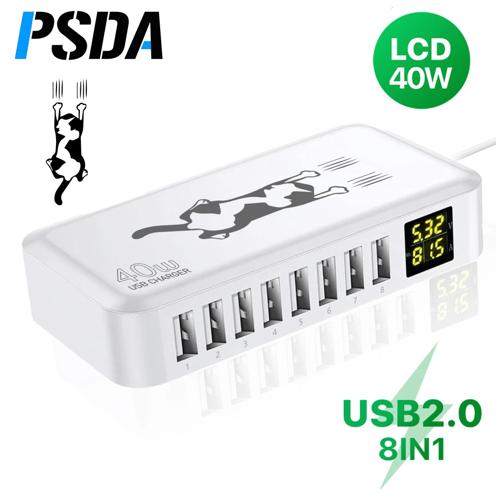 

PSDA 3D 40W 8 Port LCD Display USB Fast Charger Desk Phone Carregador Charger Dock For Smartphone Iphone 15 14 charger Samsung