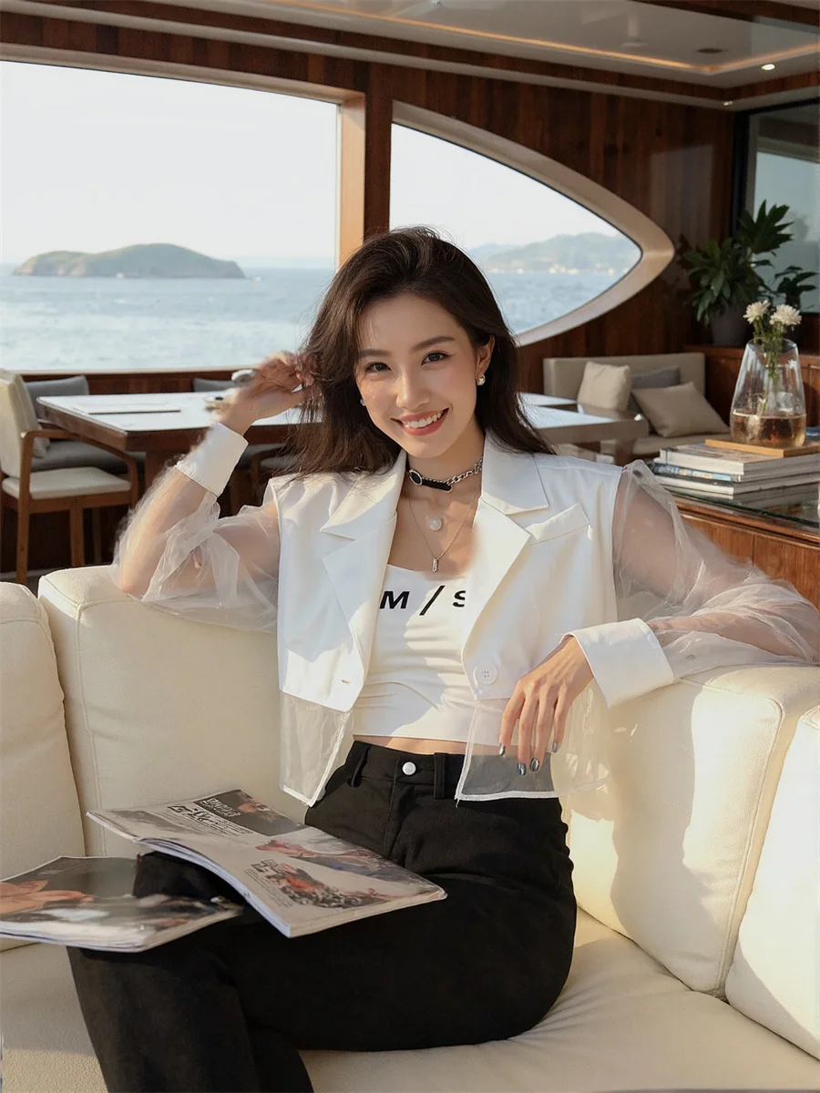 Blazer court transparent résistant au soleil avec fente au dos, vêtements élégants pour femmes, vêtements formels minimalistes, court enveloppant d'été, kaki