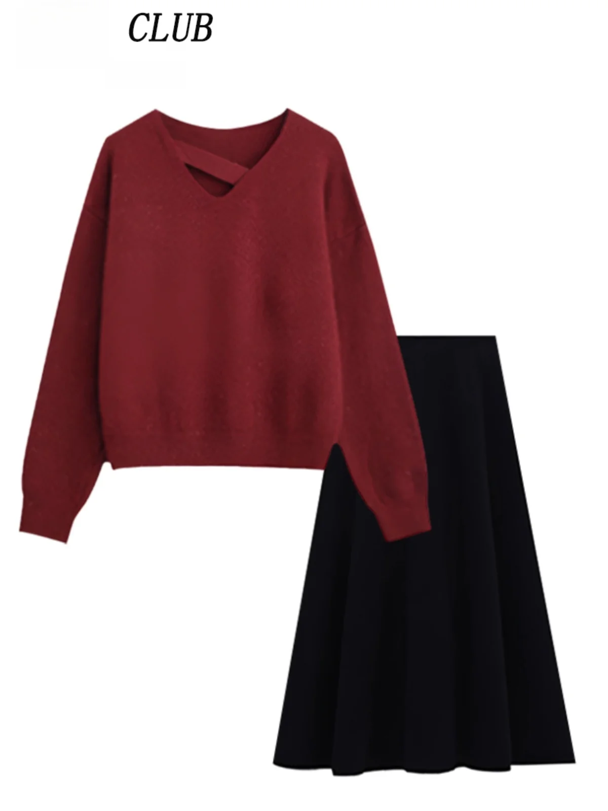 

Red New Year Women's Outfit Large Size Sweatirt Skirt Two-Piece Set Spring Faion plus Size Korean Sle V-Ne Long Sve