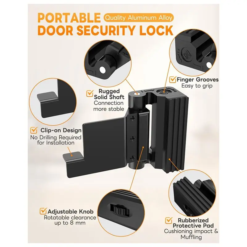 HLZS-For Travelers Portable Door Lock Security Reinforcement Lock,Extra Latch Stopper For Hotel, Home Apartment