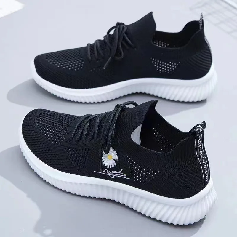 Summer Ladies Knitted Sneakers Fashion Simple Lace-up Running Shoes Mesh Breathable Casual Female Students