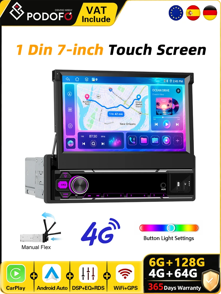 Podofo 7 Zoll 1 Din 6+128G Android Autoradio 4G Manueller Teleskopbildschirm Kabelloses CarPlay Android Auto Intelligentes Autosystem GPS-Navigation WLAN Auto-Video-Multimedia-Player FM RDS USB