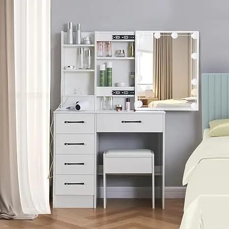 Modern Vanity Desk with Mirror and Lights, White Vanity Desk with Stool and 6 Storage Drawers, Bedroom Makeup Vanity