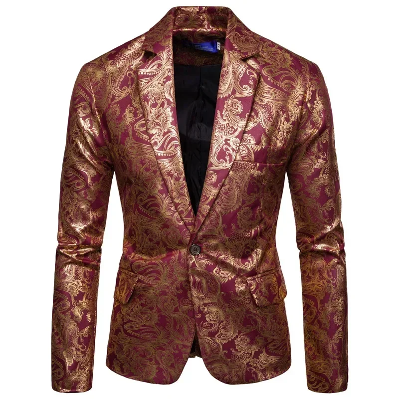 Men\'s Golden Floral Blazers Business Casual Suit Wedding Dress Gold Blazer Coats Jackets