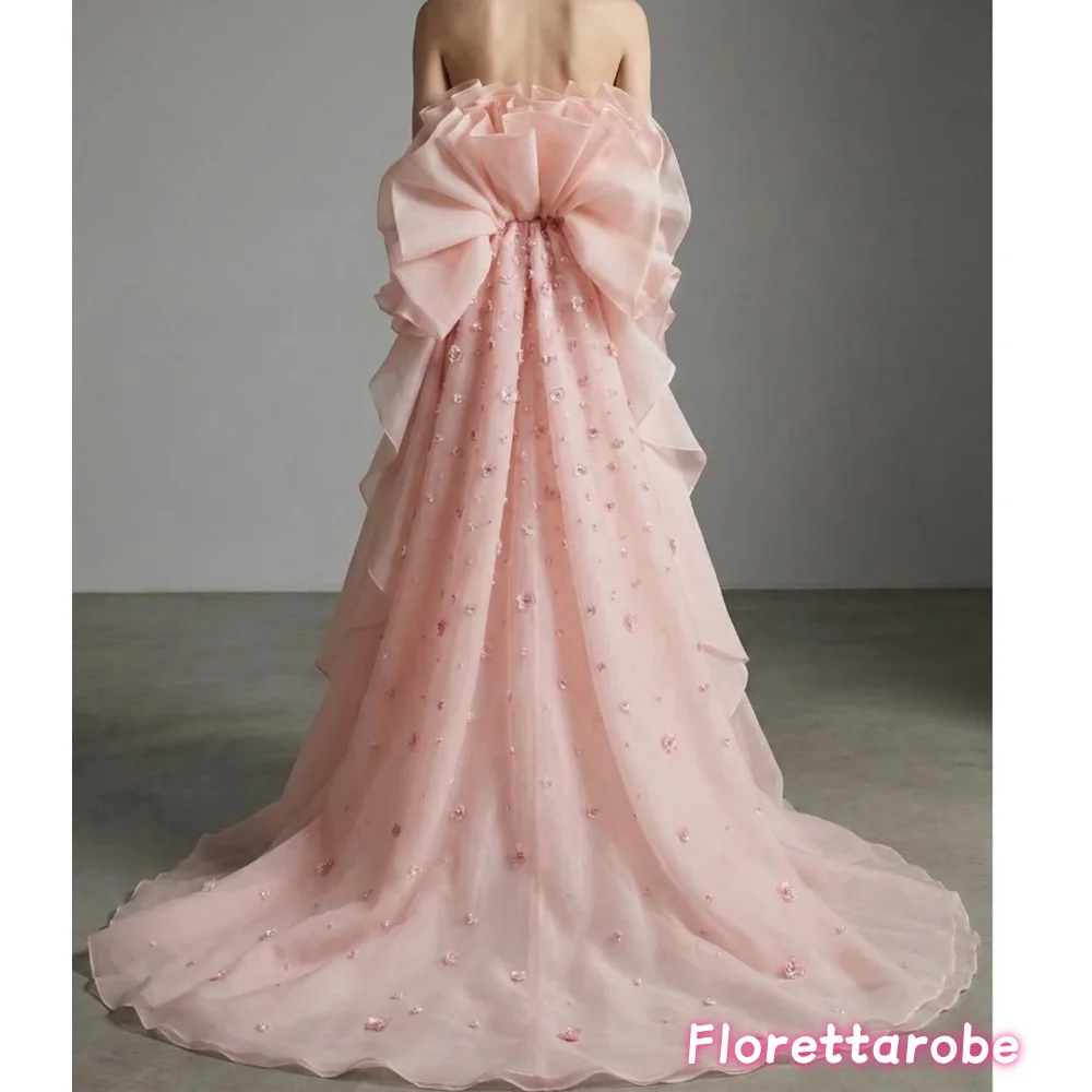 

Customized Luxury Pink Organza Prom Dress With Heavy Flower Beads Straight Train Strapless Evening Dresses فساتين الس