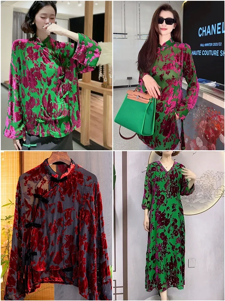 Velvet Silk Fabrics Crepe Mulberry Silk Floating Burnt out Women's Cheongsam Dress Shawl Scarf Cloth by the Yards Plant Flower