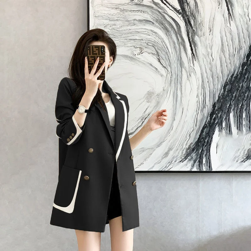 2024 Spring Autumn New Women\'s Blazer Korean Loose Double Breasted Color Matching Suit Coat Fashion Long Sleeve Female Jacket