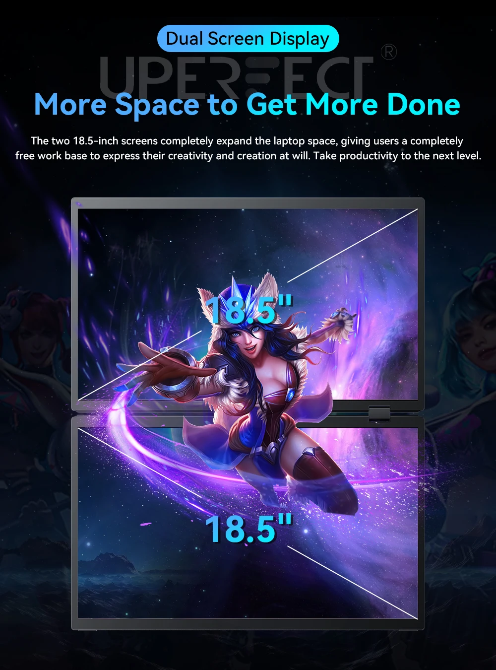UPERFECT 18" FHD 100Hz Portátil Dual Monitor 100% sRGB HDR 16:9 Viagem Foldable Ajustável PC Gaming Display para Laptop Travel Screen Extender para Windows Mac com Type-C HDMI VESA