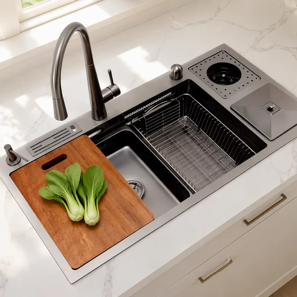 Wholesale Stainless Steel 304 Modern Design Double Kitchen Sink Faucet Waste Splash Guard Handmade Stone Texture Nano Surface