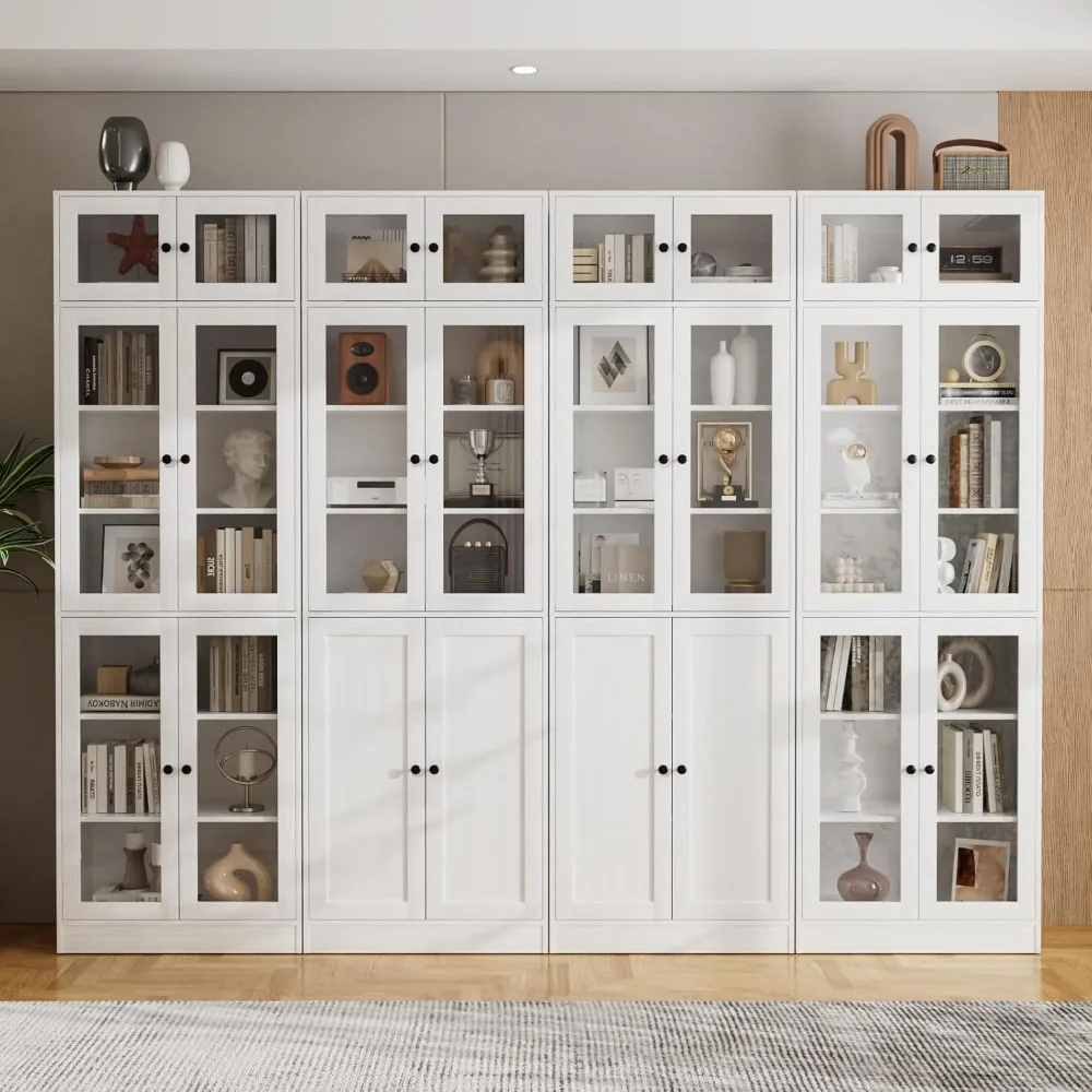 

White 7-Tier Tall Wooden Bookshelf with Glass Doors and Shelves, DIY Large Curio Cabinet