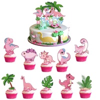 11pcs/set Pink Dinosaur Theme Birthday Cake Inserts Plaque Set Girls Pink Birthday Dinosaur Cake Toppers