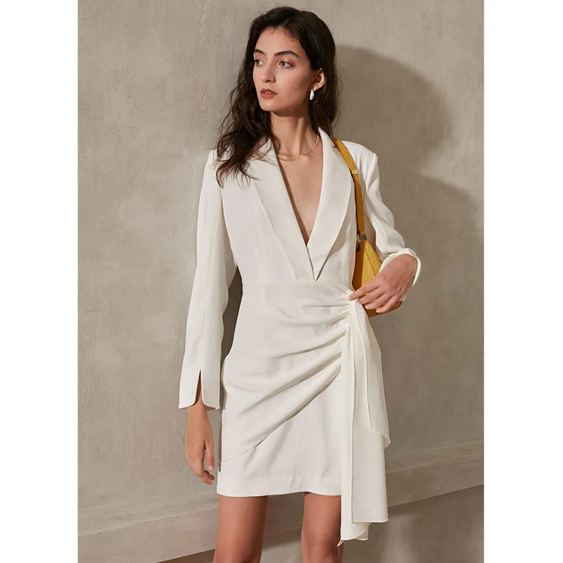 

Elegant Party Blazer Dresses Women Spring Shawl Collar Slit Sleeve Sexy Ladies Asymmetry Minidress White