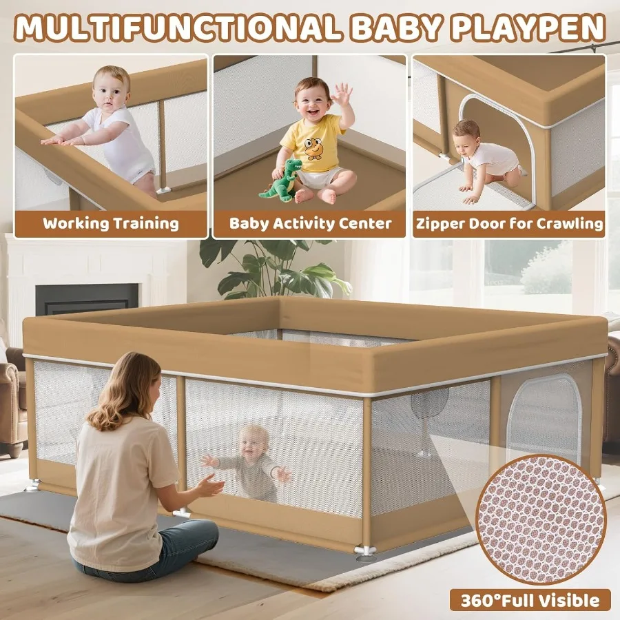 بيبي بلاي يارد 79x71 بوصة - روضة أطفال كبيرة للأطفال - روضة أطفال مع شبكة مرئية وباب بسحاب - مع مقبضين وحقيبة تخزين